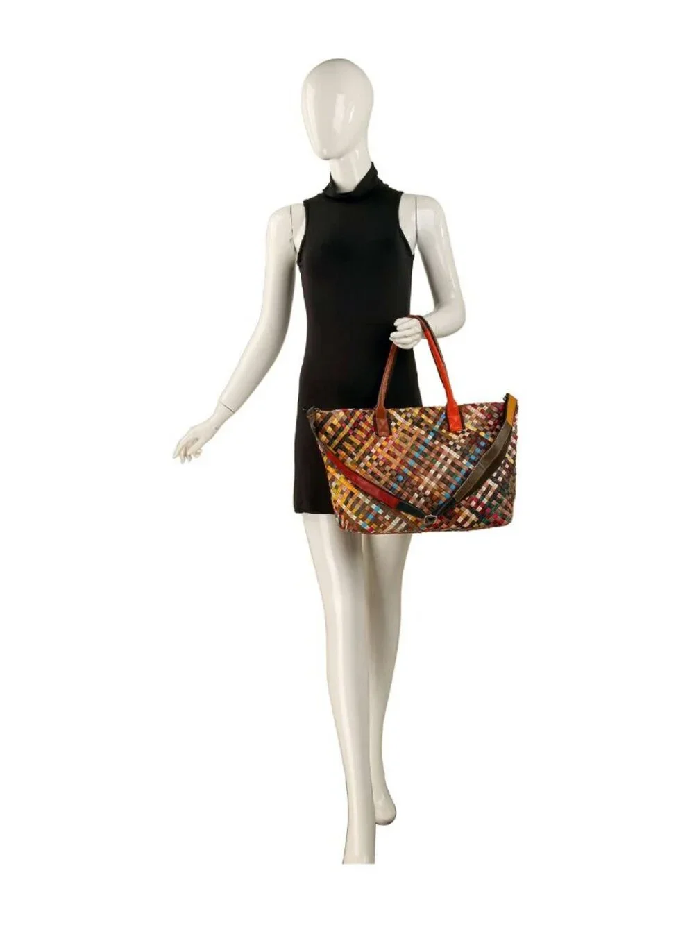 NWT Genuine Leather Woven Multicolor Large Tote Handbag  Description